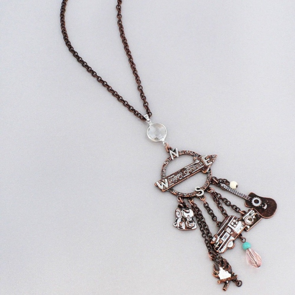 White Patine Copper Happy Camper Charm Necklace